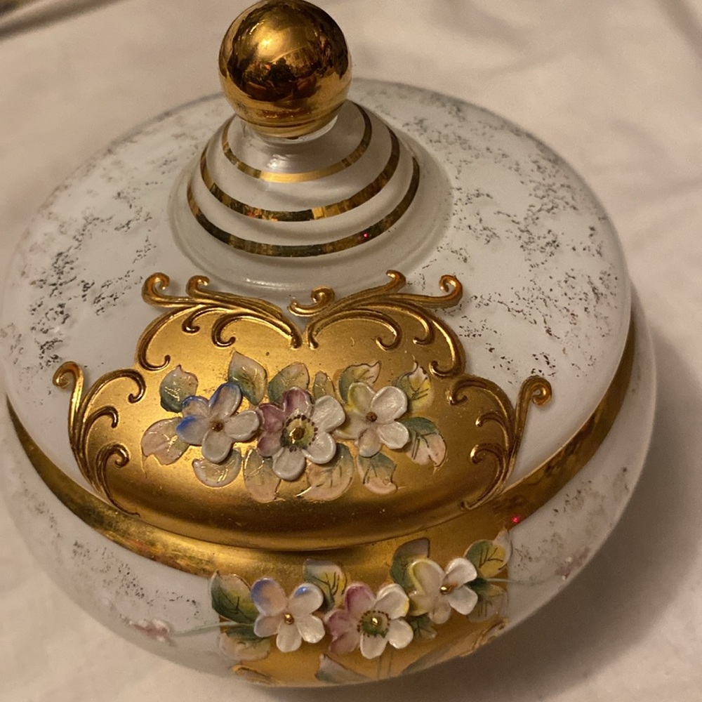 CZECH BOHEMIAN FROSTED WHITE GLASS RAISED ENAMEL FLOWERS COVERED JAR